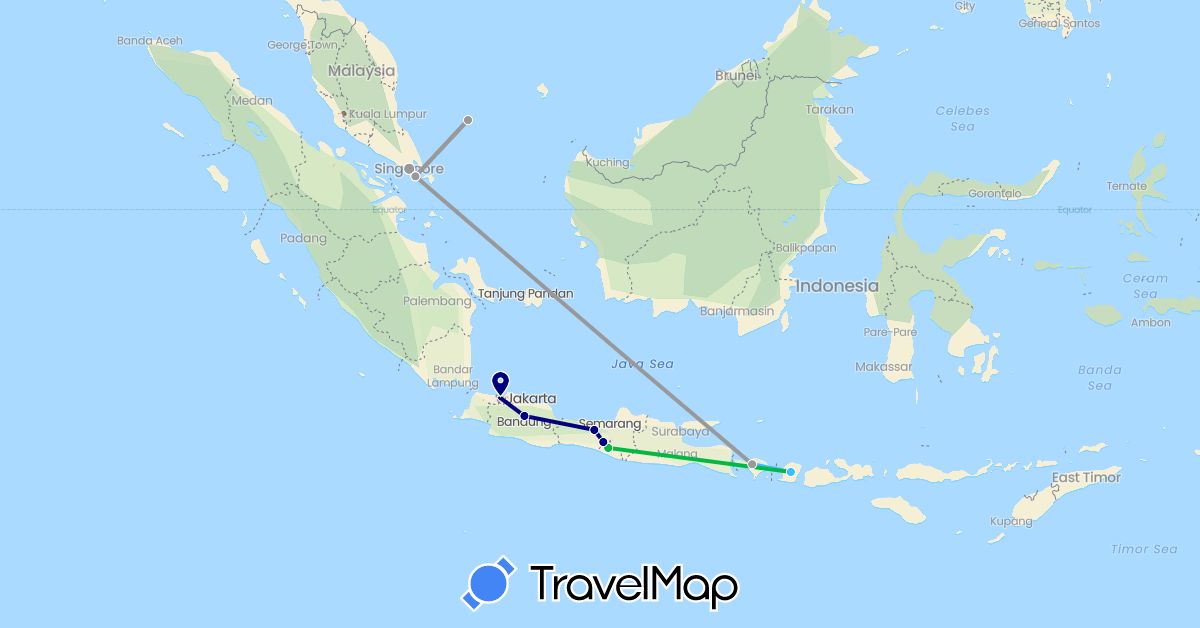 TravelMap itinerary: driving, bus, plane, boat in Indonesia, Singapore (Asia)